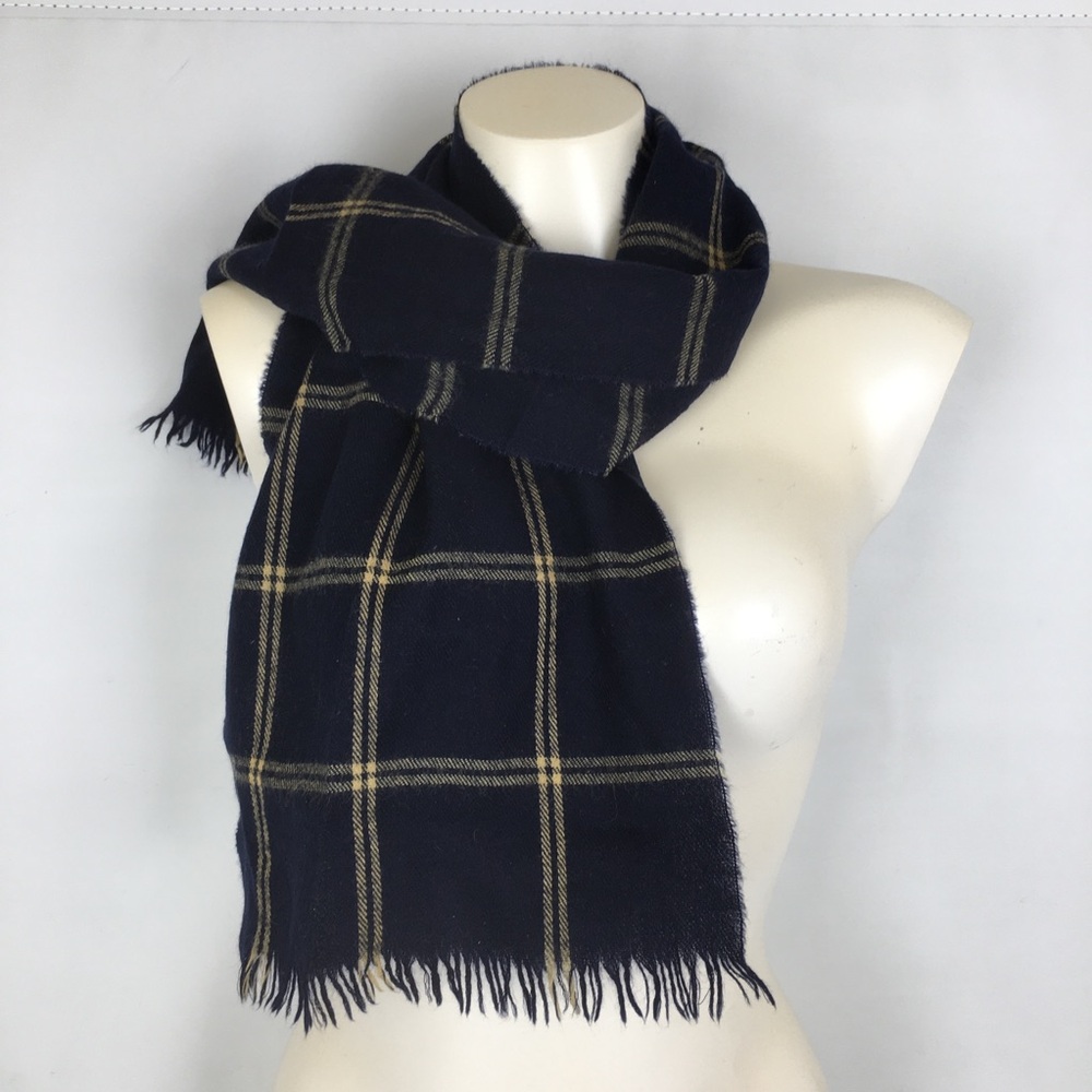 Vintage Christian Dior Merino Wool Plaid Scarf Navy Blue Yellow Preppy Winter